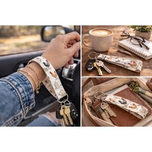 Farmhouse Chicken Print Wristlet Keychain Lanyard Cotton Wrist Strap Cream